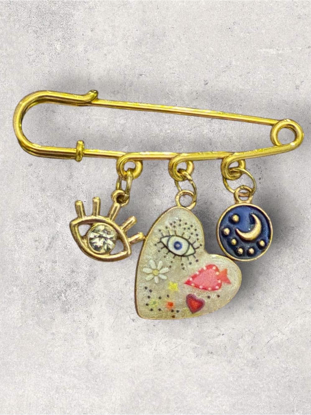 Gold-Tone Charm Safety Pin Brooch with Heart, Eye & Moon Charms